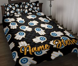 Personalized Matiasma Quilt Bedding Set, Nazar Greek Matiasma Mati Evil Mataki Eye Hamsa Hand Quilt Blanket With Pillowcases, Duvet Cover Set