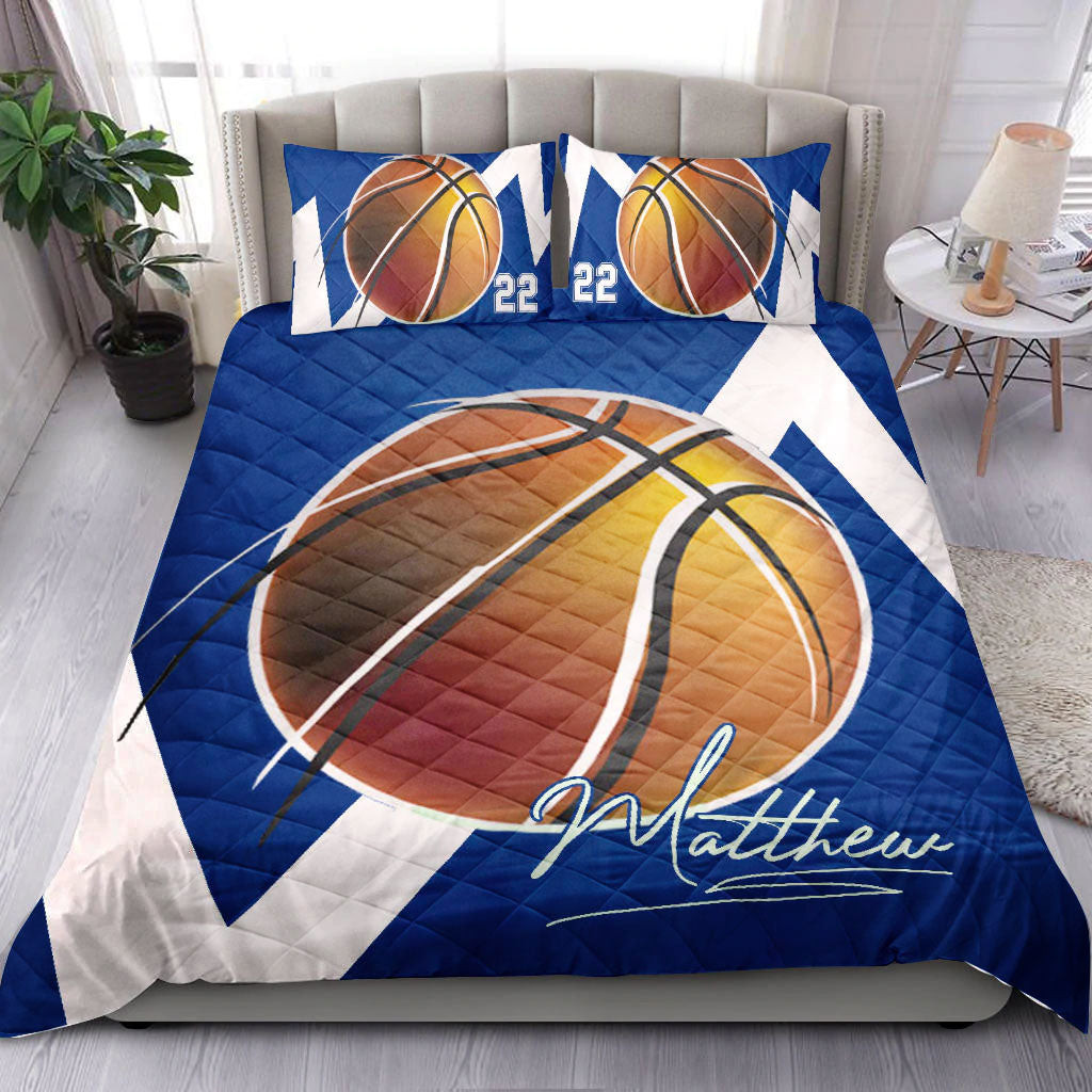 Personalized Basketball Quilt Bedding Set, Basketball Blue Ball Blue White Quilt Blanket With Pillowcases, Duvet Cover Set