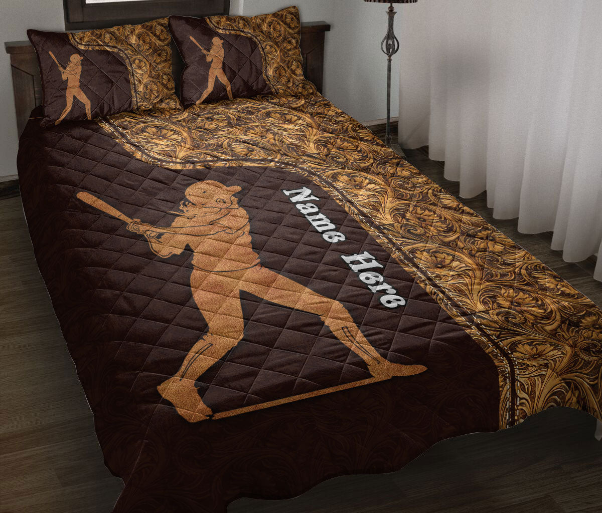 Personalized Softball Quilt Bedding Set, Softball Floral Quilt Blanket With Pillowcases, Custom Name Duvet Cover Set
