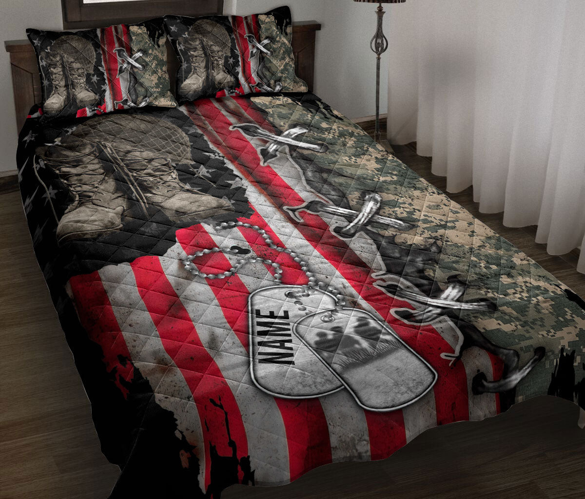 Personalized Veteran Quilt Bedding Set, Veteran Boots & Hat Soldier Backpack Boost Army Quilt Blanket With Pillowcases, Duvet Cover Set