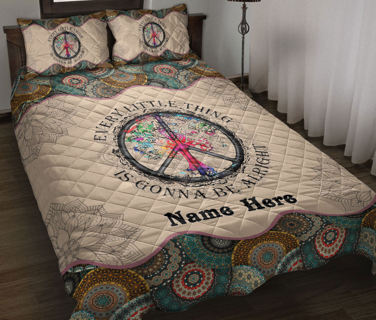 Personalized Hippie Quilt Bedding Set, Hippie Peace Sign Mandala Floral Quilt Blanket With Pillowcases, Custom Name Duvet Cover Set