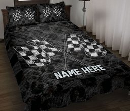 Personalized Racing Quilt Bedding Set, Racing Black & White Checkered Flag Race Quilt Blanket With Pillowcases, Custom Name Duvet Cover Set