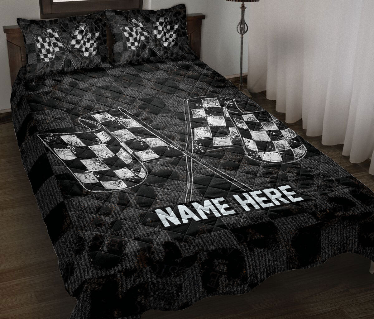 Personalized Racing Quilt Bedding Set, Racing Black & White Checkered Flag Race Quilt Blanket With Pillowcases, Custom Name Duvet Cover Set