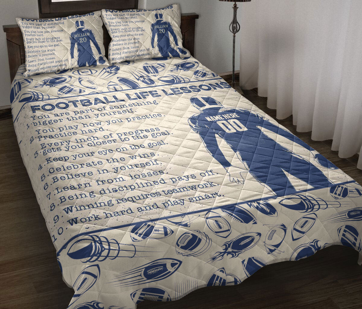 Personalized Football Quilt Bedding Set, Football Lessons Beige Quilt Blanket With Pillowcases, Custom Name Duvet Cover Set