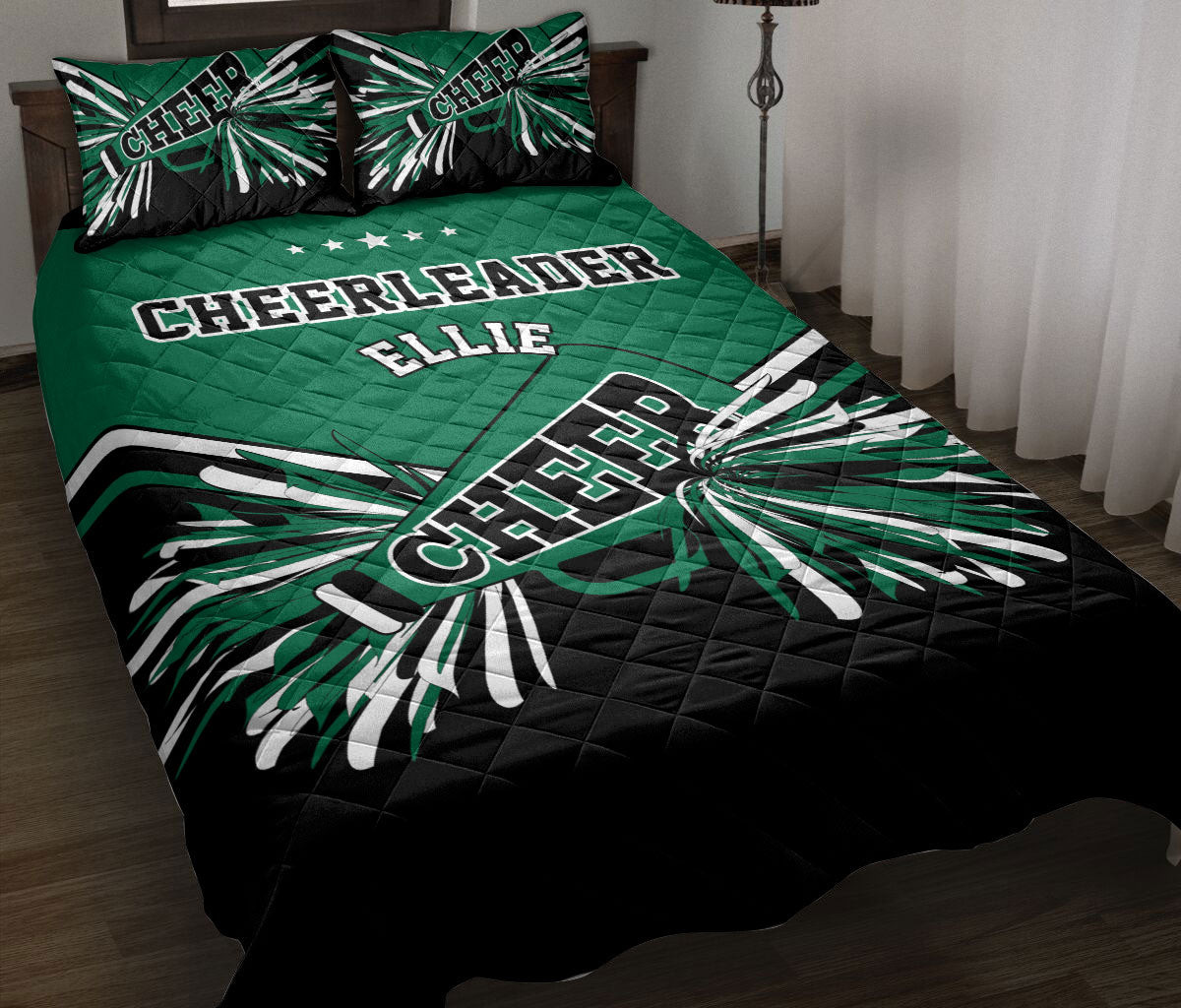 Personalized Cheerleading Quilt Bedding Set, Cheerleading Cheerleader Green Her Quilt Blanket With Pillowcases, Custom Name Duvet Cover Set