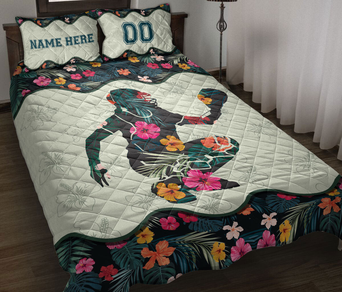 Personalized Softball Quilt Bedding Set, Baseball Softball Girl Catcher Flower Player Quilt Blanket With Pillowcases, Duvet Cover Set