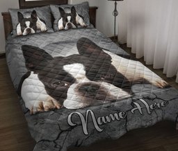 Personalized Boston Terrier Quilt Bedding Set, Boston Terrier Dog Crack Gray Sliver Quilt Blanket With Pillowcases, Custom Name Duvet Cover Set