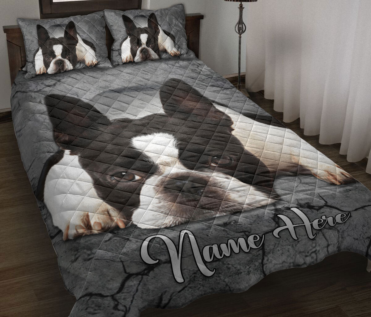 Personalized Boston Terrier Quilt Bedding Set, Boston Terrier Dog Crack Gray Sliver Quilt Blanket With Pillowcases, Custom Name Duvet Cover Set