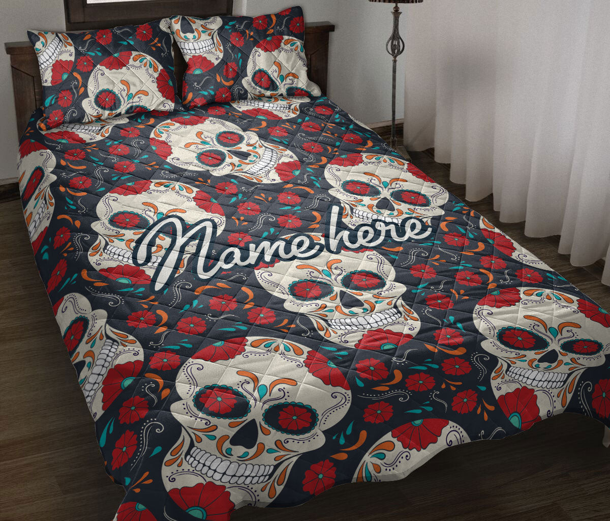 Personalized Skull Quilt Bedding Set, Floral Calavera Sugar Skull Rose Flower Quilt Blanket With Pillowcases, Custom Name Duvet Cover Set