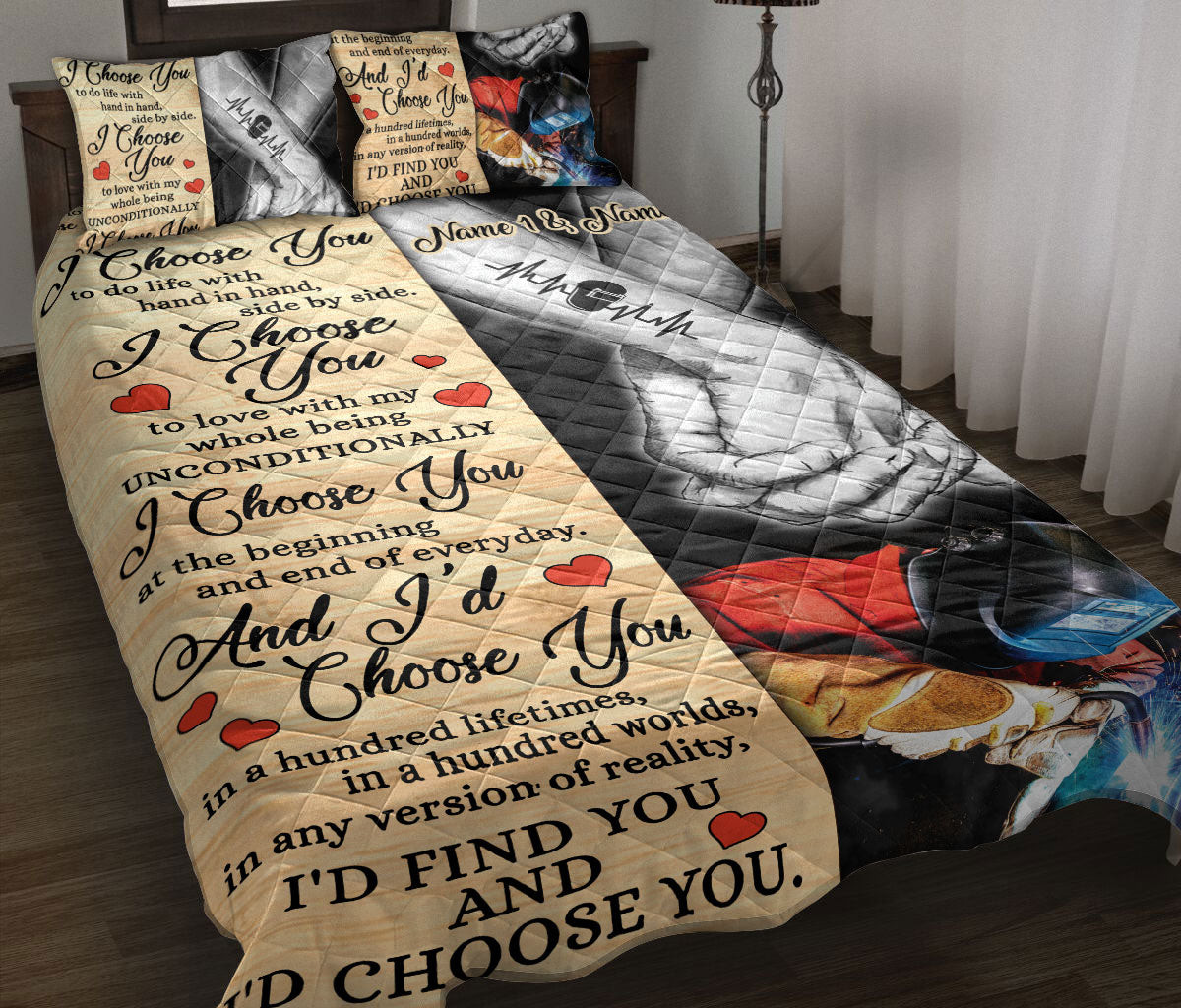 Personalized Welder Quilt Bedding Set, Welder I Choose You Couple Husband & Wife Quilt Blanket With Pillowcases, Custom Name Duvet Cover Set