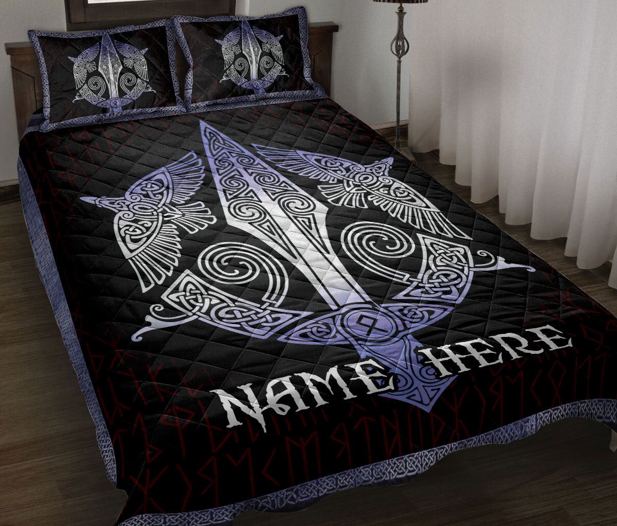 Personalized Viking Quilt Bedding Set, Viking Raven Odin'S Spear Gungnir Norse Nordic Black Quilt Blanket With Pillowcases, Duvet Cover Set