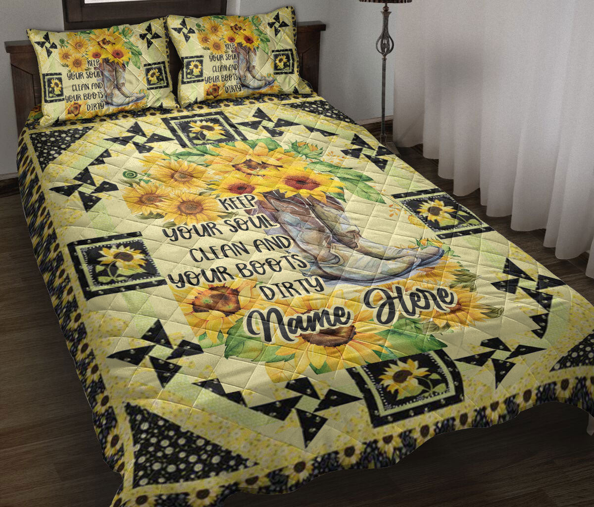 Personalized Cowboy Quilt Bedding Set, Western Cowgirl Cowboy Hat Sunflower Horse Quilt Blanket With Pillowcases, Custom Name Duvet Cover Set