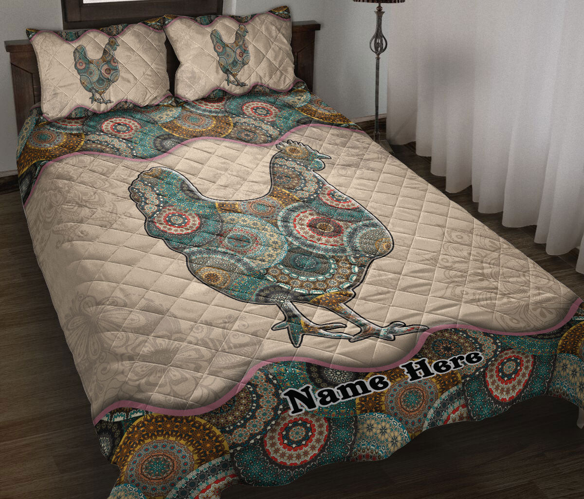 Personalized Chicken Quilt Bedding Set, Chicken Rooster Mandala Farm Quilt Blanket With Pillowcases, Custom Name Duvet Cover Set