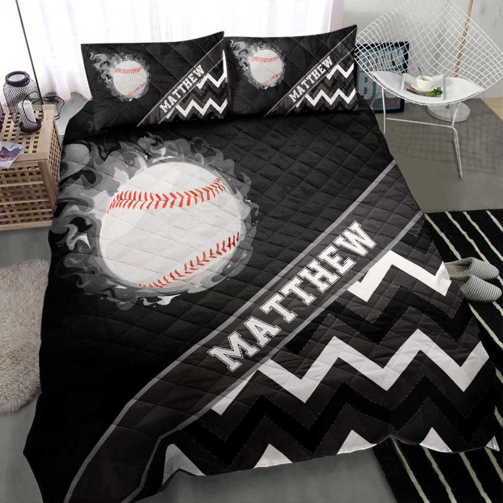 Personalized Baseball Quilt Bedding Set, Baseball Ball Smoke Zig Zag Black Quilt Blanket With Pillowcases, Custom Name Duvet Cover Set, Sports Gifts