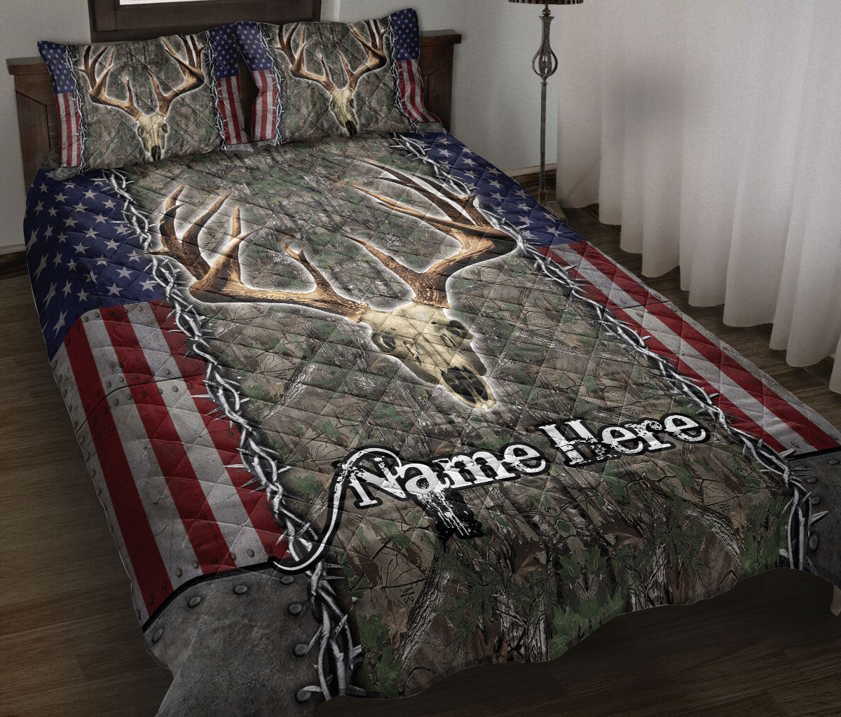 Personalized Hunting Quilt Bedding Set, Deer Skull Hunting Quilt Blanket With Pillowcases, Custom Name Duvet Cover Set