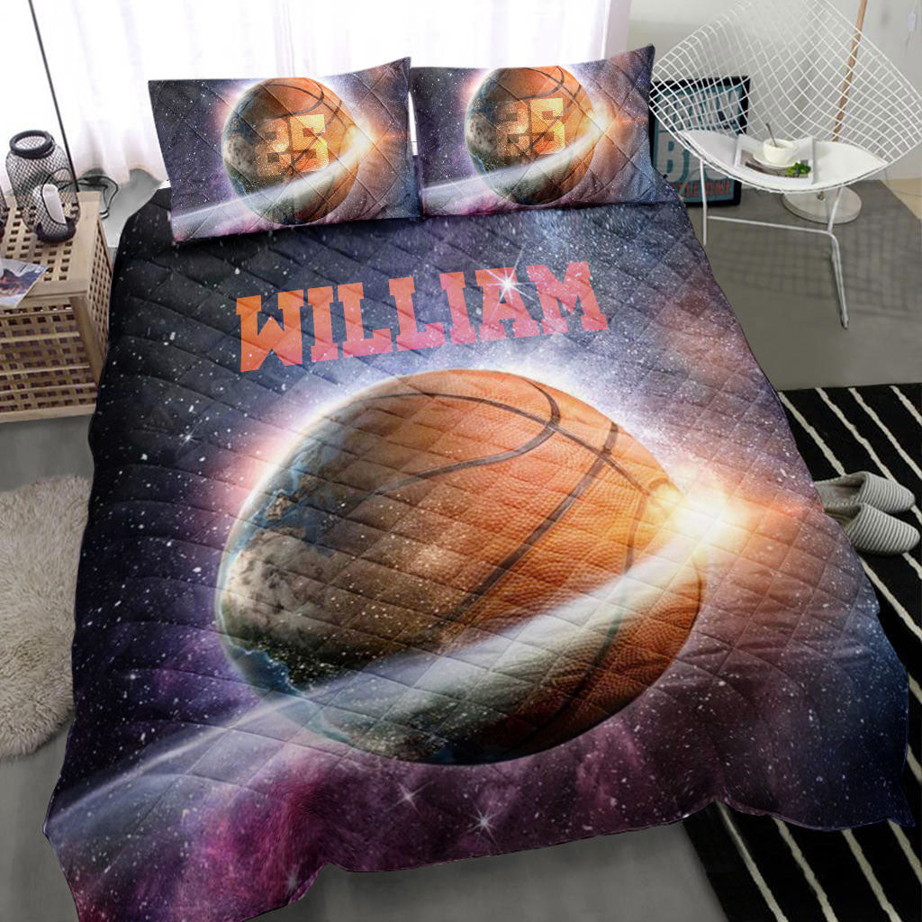 Personalized Basketball Quilt Bedding Set, Basketball Ball Galaxy Universe Quilt Blanket With Pillowcases, Duvet Cover Set