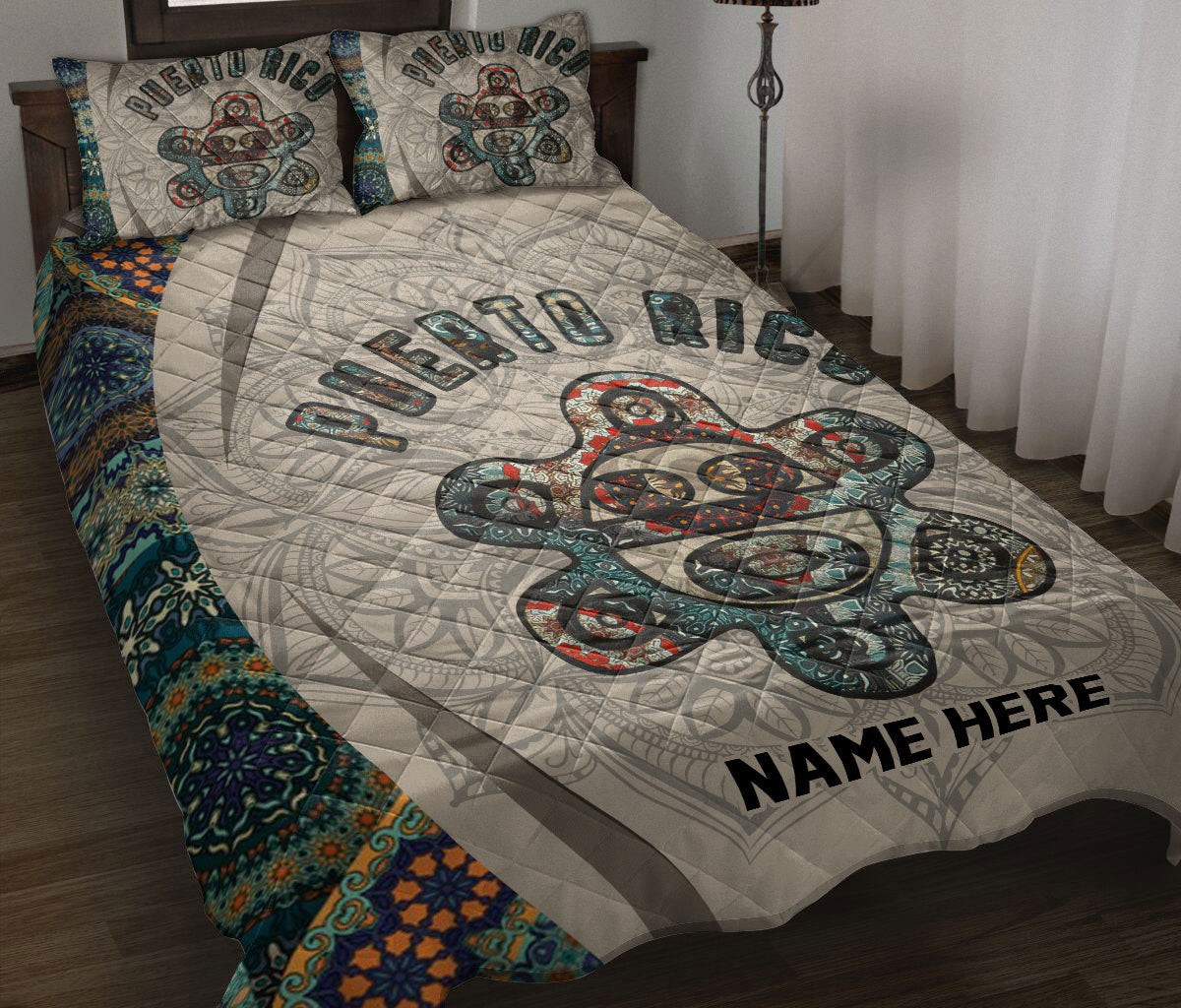 Personalized Puerto Rico Quilt Bedding Set, Puerto Rico Proud Puerto Rico Mandala Floral Quilt Blanket With Pillowcases, Duvet Cover Set