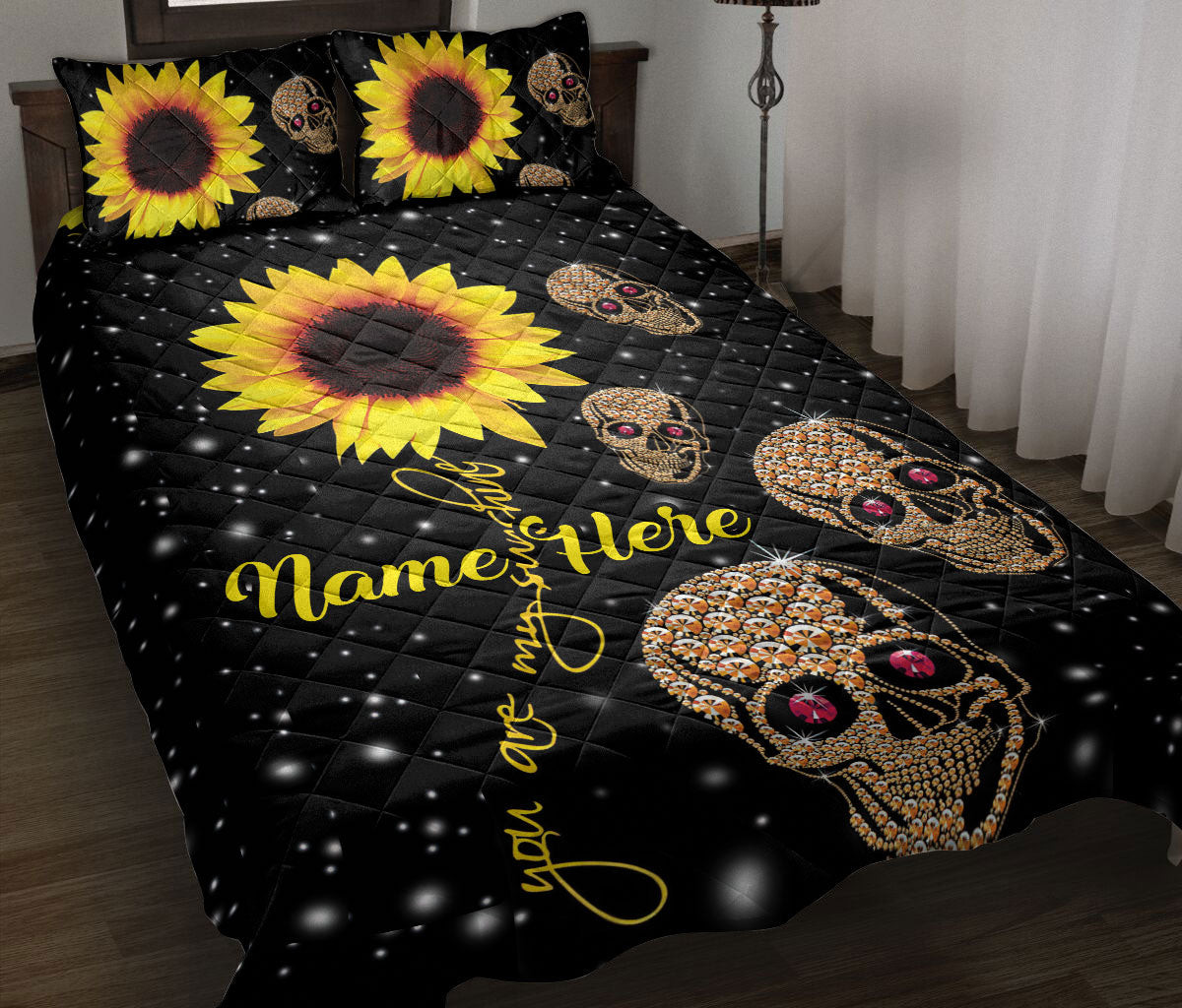 Personalized Skull Quilt Bedding Set, Skull Sunflower Floral Yellow & Black Quilt Blanket With Pillowcases, Custom Name Duvet Cover Set