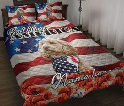 Personalized Goldendoodle Quilt Bedding Set, Golden Doodle Dog God Bless US Flag Quilt Blanket With Pillowcases, Custom Name Duvet Cover Set