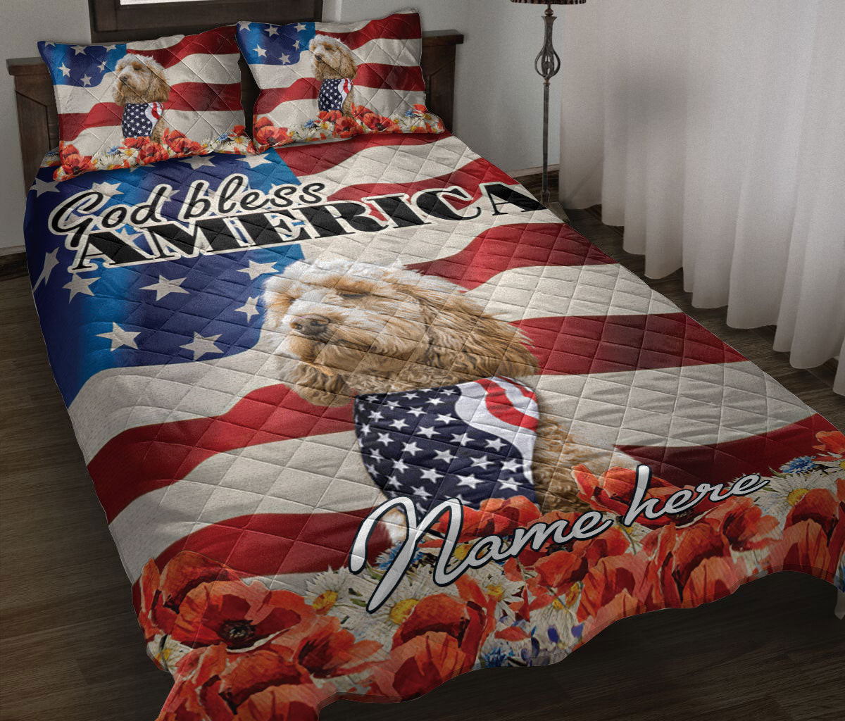 Personalized Goldendoodle Quilt Bedding Set, Golden Doodle Dog God Bless US Flag Quilt Blanket With Pillowcases, Custom Name Duvet Cover Set