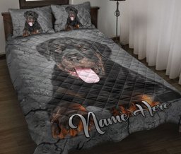 Personalized Rottweiler Quilt Bedding Set, Rottweiler Dog Crack Gray Sliver Quilt Blanket With Pillowcases, Custom Name Duvet Cover Set