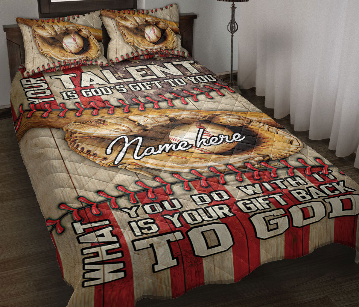 Personalized Baseball Quilt Bedding Set, Your Talent Baseball Ball Glove Quilt Blanket With Pillowcases, Custom Name Duvet Cover Set, Sports Gifts