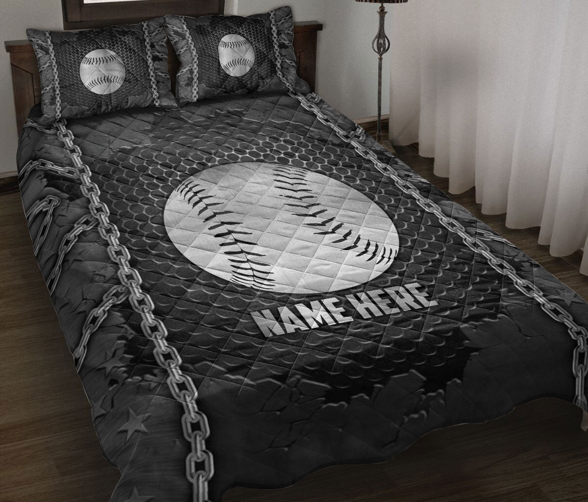 Personalized Baseball Quilt Bedding Set, Baseball Iron Chains Quilt Blanket With Pillowcases, Custom Name Duvet Cover Set, Sports Gifts