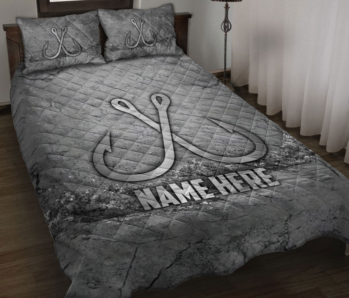 Personalized Fishing Quilt Bedding Set, Camping Camper Scratch Grays Quilt Blanket With Pillowcases, Custom Name Duvet Cover Set
