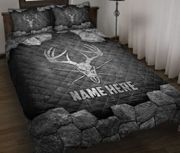 Personalized Hunting Quilt Bedding Set, Deer Skull Hunting Hunter Silver Quilt Blanket With Pillowcases, Custom Name Duvet Cover Set