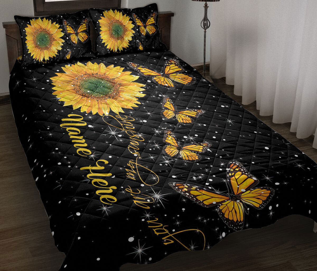 Personalized Butterfly, Sunflower Quilt Bedding Set, Butterfly Sunflower Floral Yellow & Black Quilt Blanket With Pillowcases, Duvet Cover Set