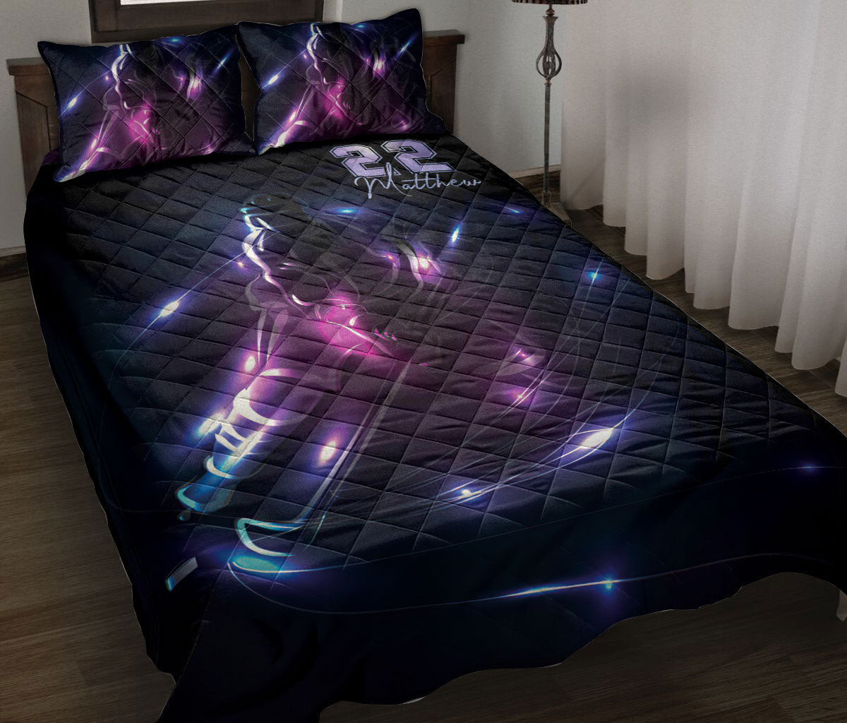 Personalized Hockey Quilt Bedding Set, Black Hockey Neon Light Hockey Player Quilt Blanket With Pillowcases, Duvet Cover Set