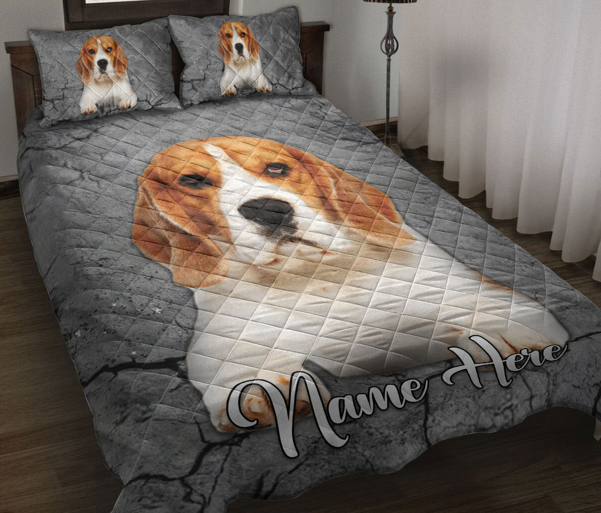 Personalized Beagle Quilt Bedding Set, Beagle Dog Crack Gray Sliver Quilt Blanket With Pillowcases, Custom Name Duvet Cover Set