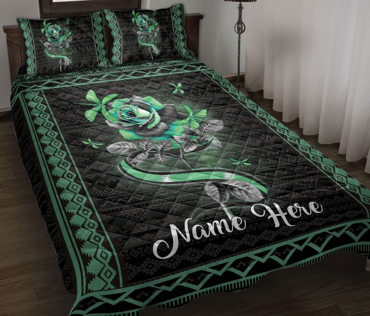Personalized Dragon Quilt Bedding Set, Dragonfly Green Rose Flower Floral Quilt Blanket With Pillowcases, Custom Name Duvet Cover Set