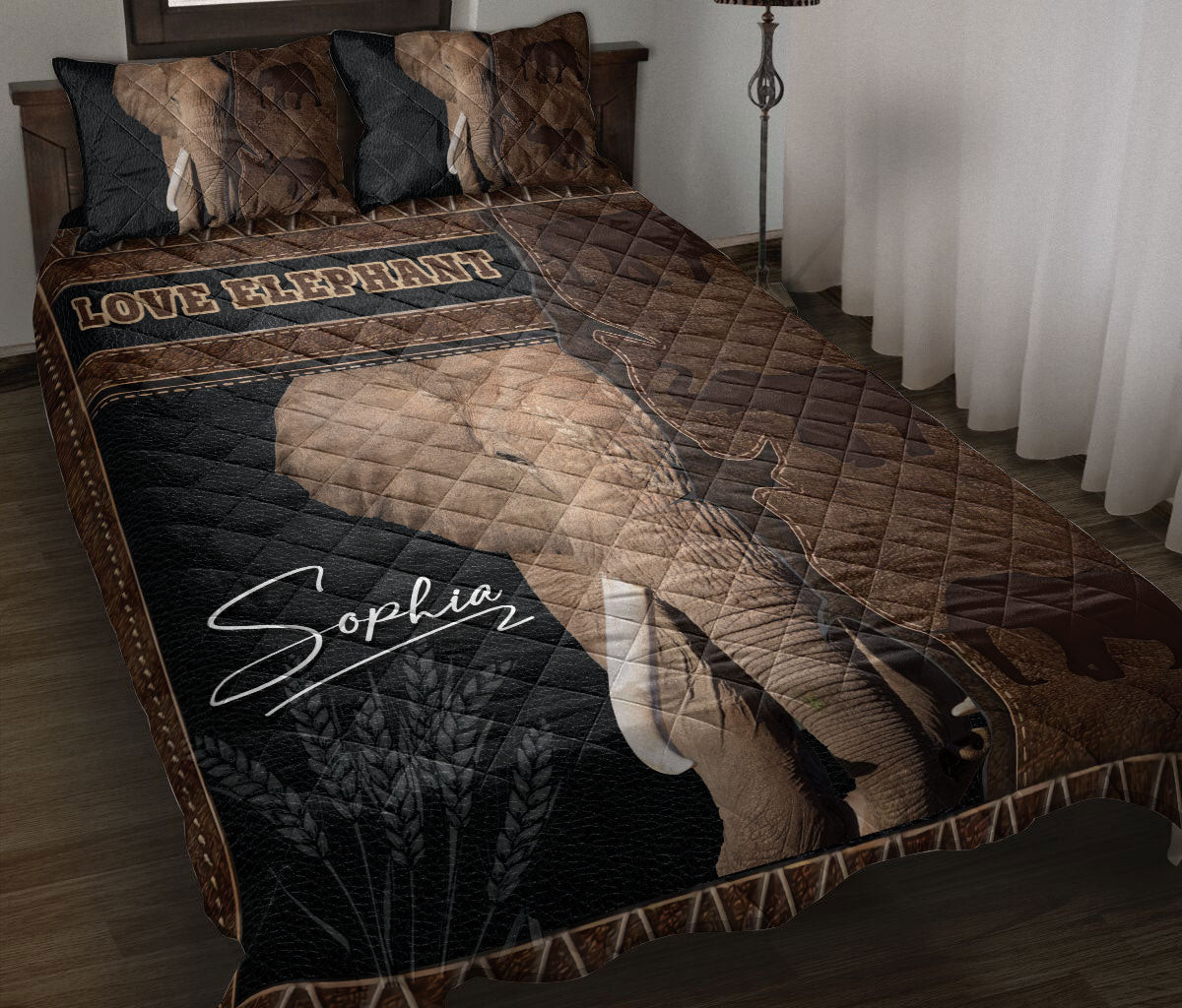 Personalized Elephant Quilt Bedding Set, Love Elephant Wild Seasonal Bed Decor Quilt Blanket With Pillowcases, Custom Name Duvet Cover Set