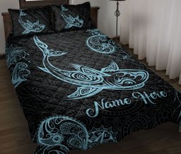 Personalized Shark Quilt Bedding Set, Shark Blue Flower Floral Polynesia Black Quilt Blanket With Pillowcases, Custom Name Duvet Cover Set