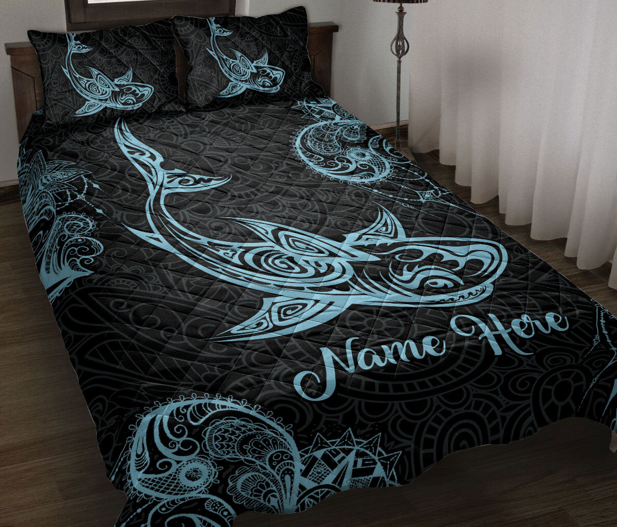 Personalized Shark Quilt Bedding Set, Shark Blue Flower Floral Polynesia Black Quilt Blanket With Pillowcases, Custom Name Duvet Cover Set