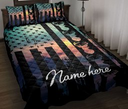 Personalized Hunting Quilt Bedding Set, Buck Hunter Deer Hunting US Flag Quilt Blanket With Pillowcases, Custom Name Duvet Cover Set