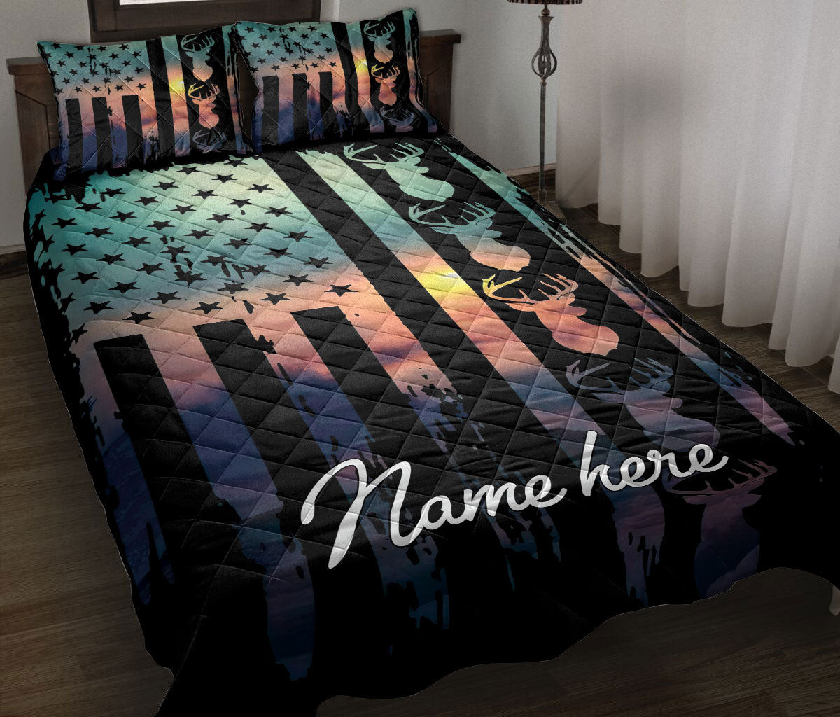 Personalized Hunting Quilt Bedding Set, Buck Hunter Deer Hunting US Flag Quilt Blanket With Pillowcases, Custom Name Duvet Cover Set