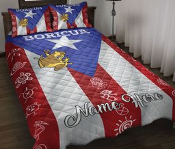 Personalized Puerto Rico Quilt Bedding Set, Puerto Rico Coqui Frog Taino Symbol Flag Quilt Blanket With Pillowcases, Custom Name Duvet Cover Set
