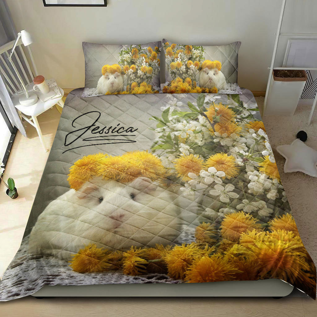 Personalized Guinea Pig Quilt Bedding Set, Hamster Guinea Pig Flower Quilt Blanket With Pillowcases, Custom Name Duvet Cover Set