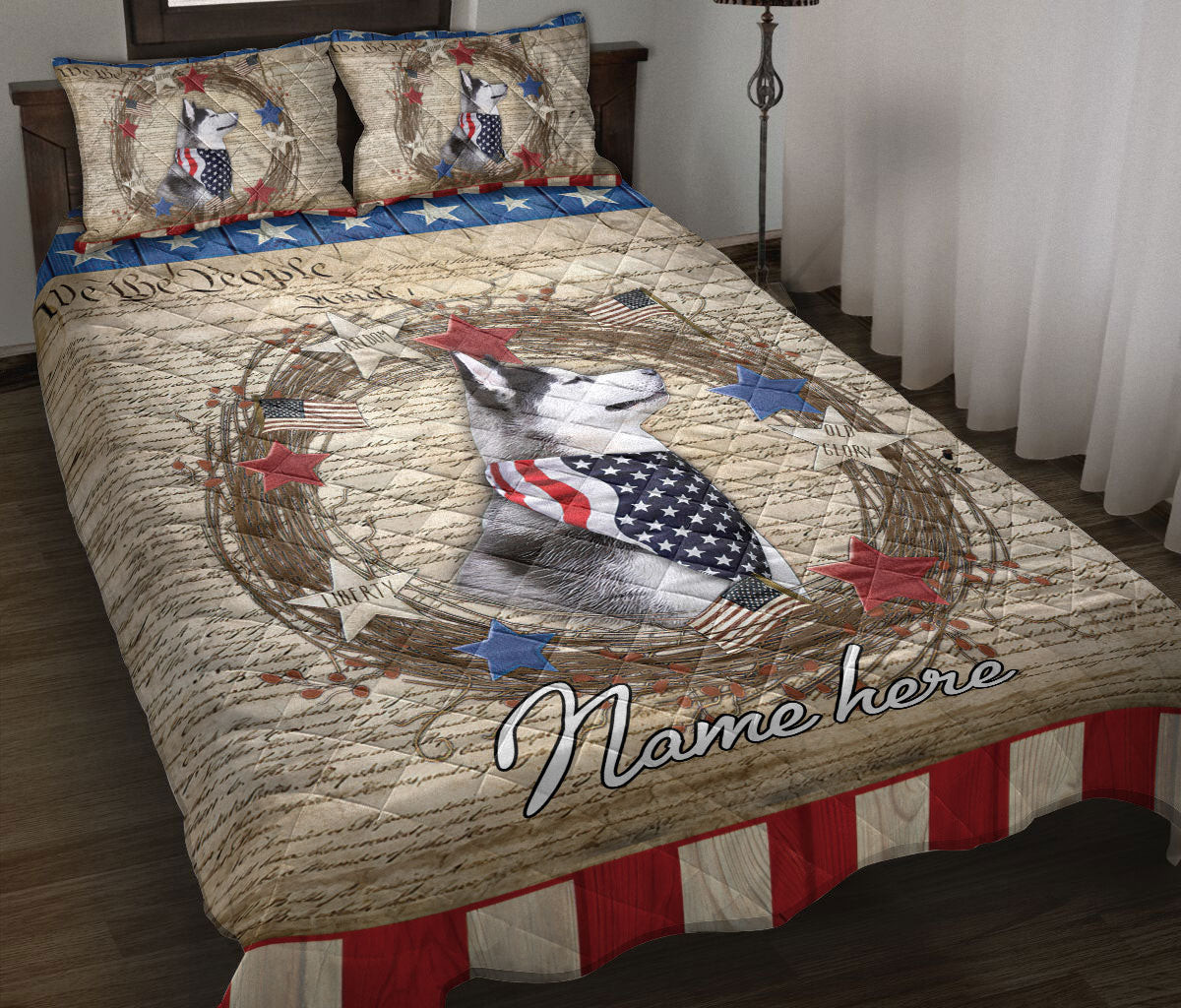 Personalized Husky Quilt Bedding Set, Husky Dog We The People Patriotic Quilt Blanket With Pillowcases, Custom Name Duvet Cover Set