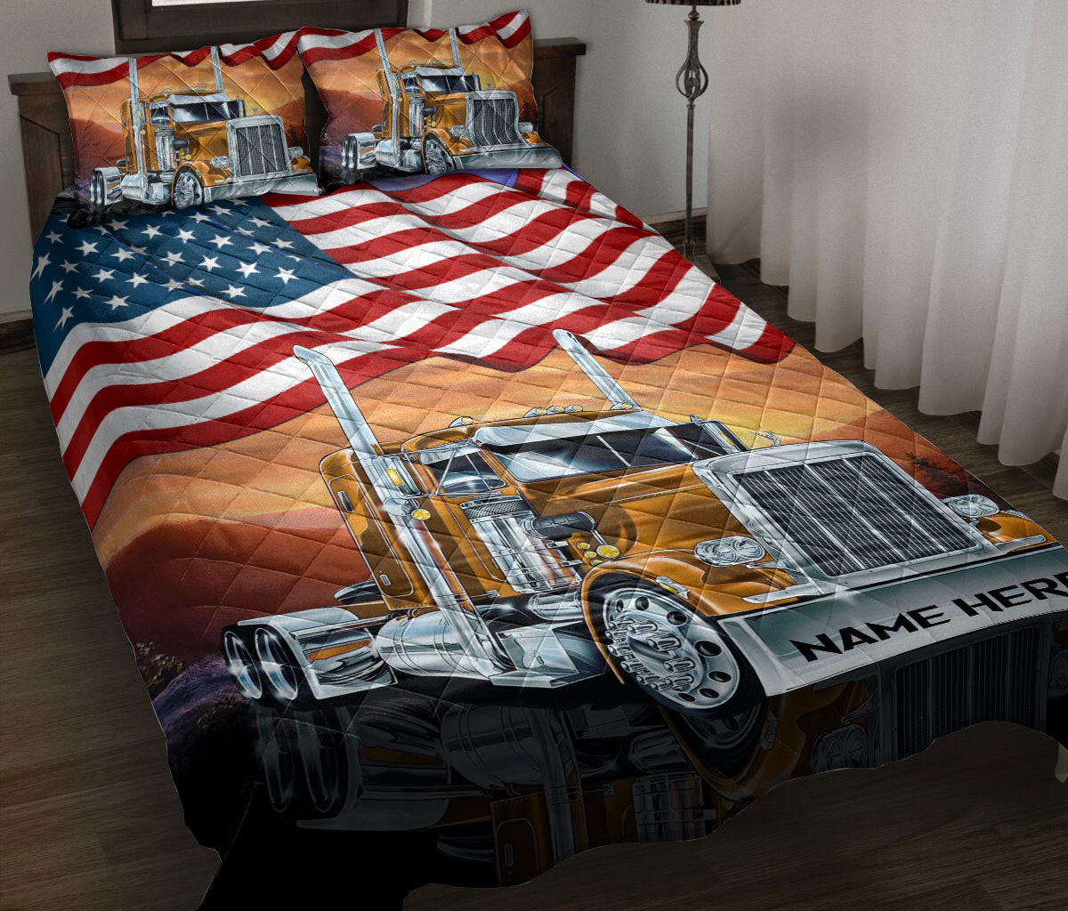 Personalized Trucker Quilt Bedding Set, Brown Truck American US Flag Patriot Trucker Quilt Blanket With Pillowcases, Duvet Cover Set