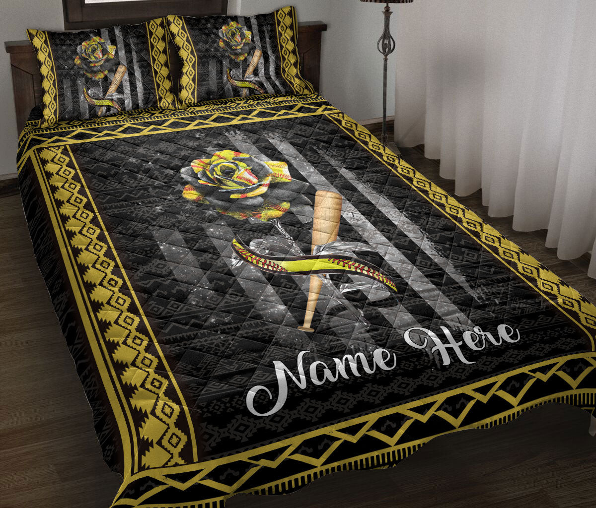 Personalized Softball Quilt Bedding Set, Softball Yellow Rose Flower Floral Quilt Blanket With Pillowcases, Custom Name Duvet Cover Set