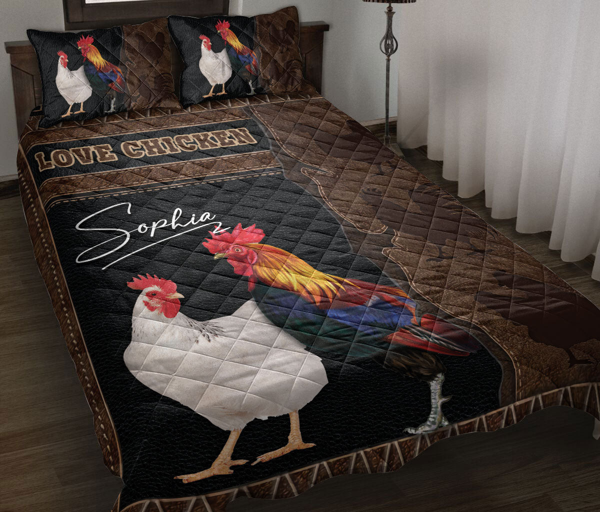 Personalized Chicken Quilt Bedding Set, Love Chicken Hen Rooster Couple Farmho Use Farm Farmer Quilt Blanket With Pillowcases, Duvet Cover Set