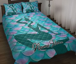 Personalized Mermaid Quilt Bedding Set, 3D Mermaid Scale Sea Ocean Beach Blue Quilt Blanket With Pillowcases, Custom Name Duvet Cover Set