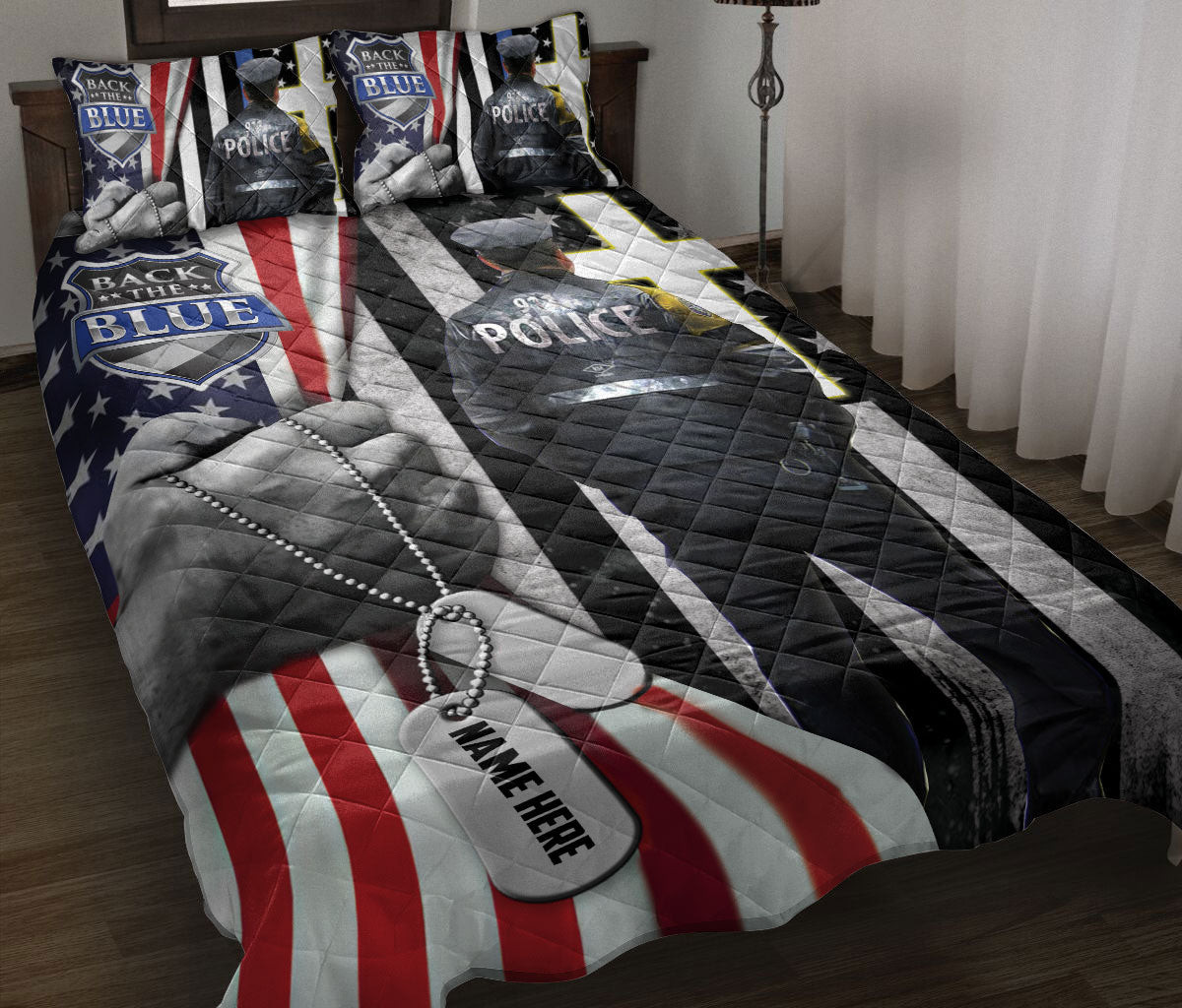 Personalized Police Quilt Bedding Set, Police American US Flag Independence Day Quilt Blanket With Pillowcases, Custom Name Duvet Cover Set, July 4th Gift