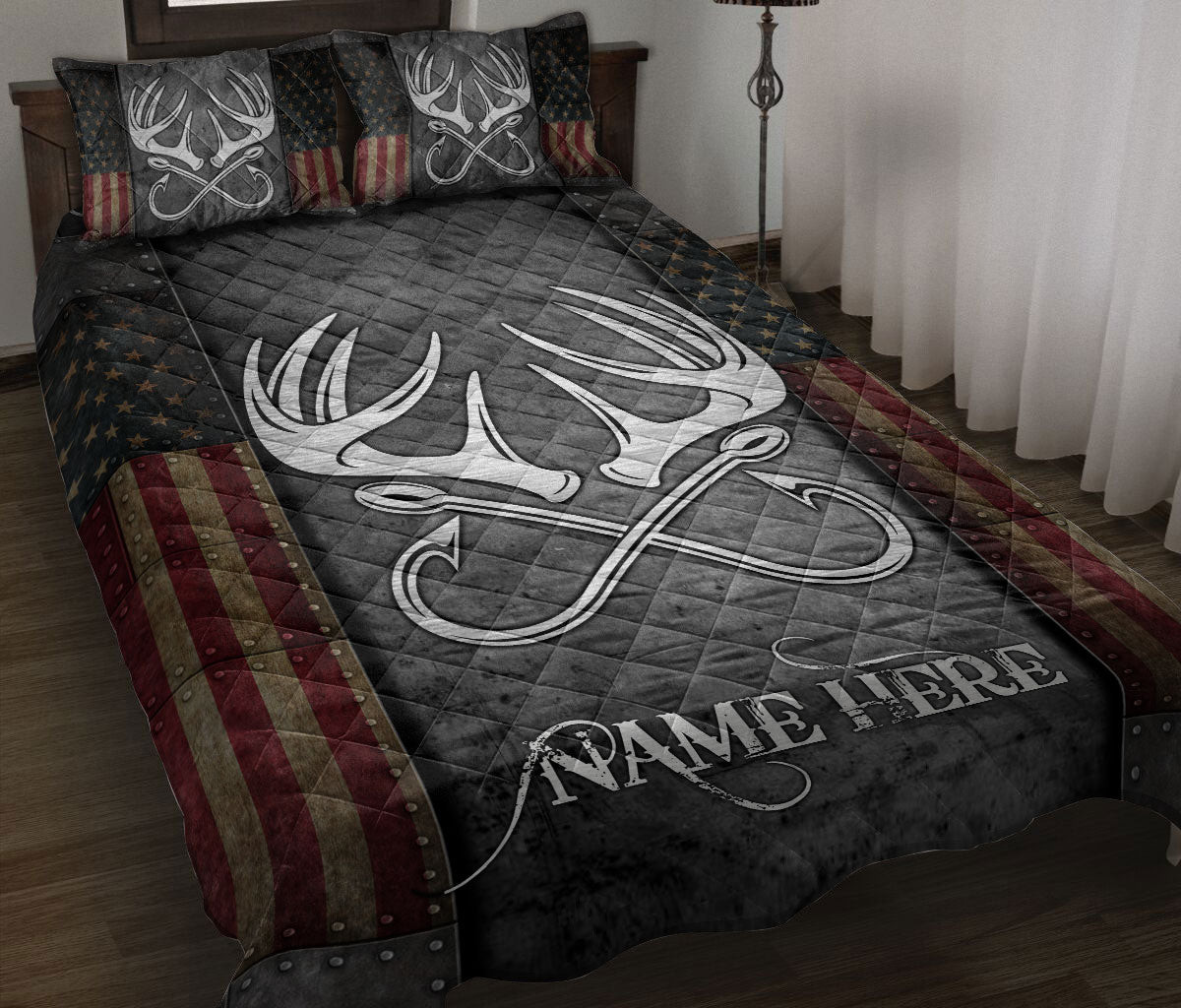 Personalized Fishing Quilt Bedding Set, Fishing & Hunting Deer American US Flag Quilt Blanket With Pillowcases, Custom Name Duvet Cover Set