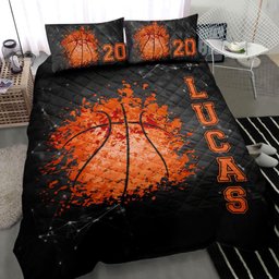 Personalized Basketball Quilt Bedding Set, Basketball Ball Watercolor Player Black Quilt Blanket With Pillowcases, Duvet Cover Set