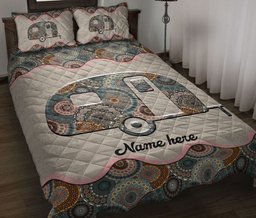 Personalized Camping Quilt Bedding Set, Camping Camper Floral Mandala Quilt Blanket With Pillowcases, Custom Name Duvet Cover Set
