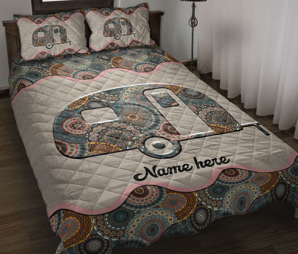 Personalized Camping Quilt Bedding Set, Camping Camper Floral Mandala Quilt Blanket With Pillowcases, Custom Name Duvet Cover Set